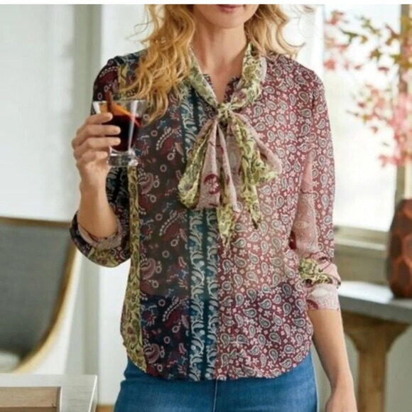 Soft Surroundings Paisley Sheer Bohemian Tie Neck Blouse - Picture 1 of 10